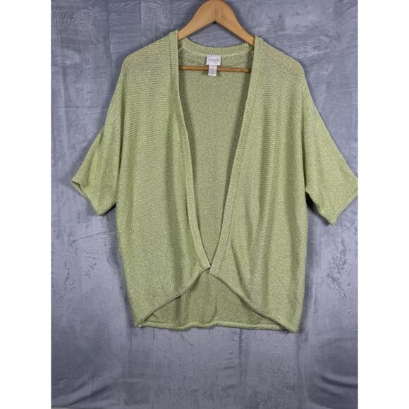 Chicos Knit Sweater Womens 2 Lime Green Shimmer Cardigan Short Sleeve - Picture 1 of 10